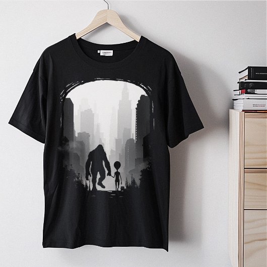 Bigfoot und Alien in der Stadt lustige Grafik T-Shirt