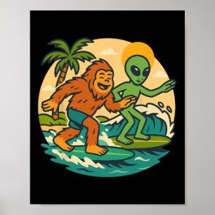 Bigfoot und Alien-Surf-Grafik-Strandkunst-Surfer Poster