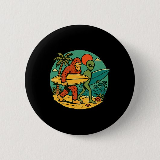 Bigfoot und Alien Surfen Vintage-Strandkunst Surfe Button (Vorderseite)