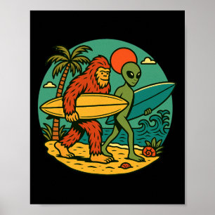 Bigfoot und Alien Surfen Vintage-Strandkunst Surfe Poster