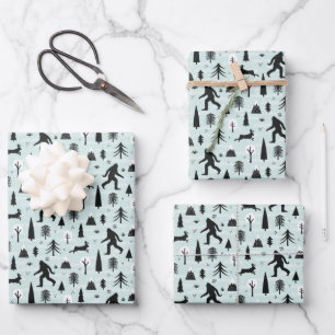 Bigfoot und Jackalope im Wald Muster Blau Geschenkpapier Set