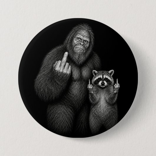 Bigfoot und Waschbär Stinkefinger Button (Vorderseite)