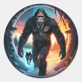 Bigfoot und Wolf Portal Runder Aufkleber