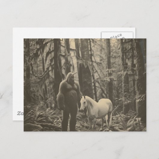 Bigfoot Unicorn und ein Pferd im Wald Postkarte (Vorne/Hinten)