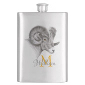 Bighorn Ram Animal Art Aries Zodiac-Zeichen Monogr Flachmann (Vorderseite)