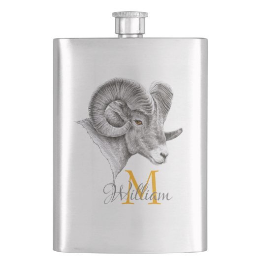 Bighorn Ram Animal Art Aries Zodiac-Zeichen Monogr Flachmann (Vorderseite)