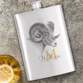 Bighorn Ram Animal Art Aries Zodiac-Zeichen Monogr Flachmann