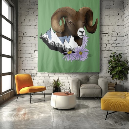 Bighorn Sheep Ram Green Mountains Wandteppich