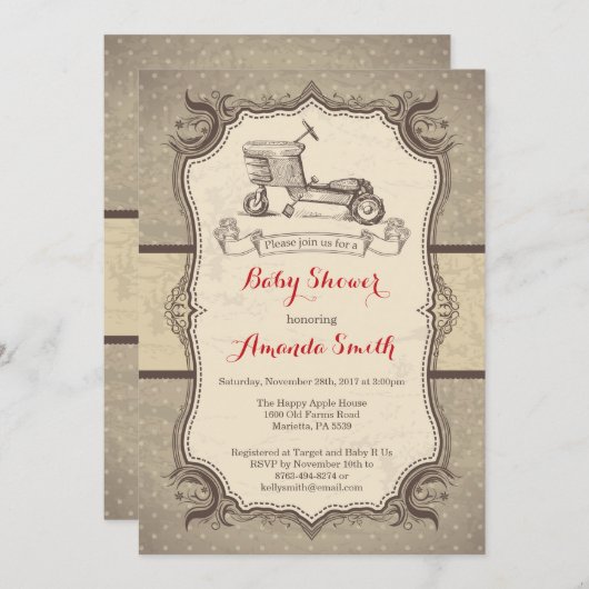 Bike Baby Dusche Einladung Vintag Retro (Vorne/Hinten)