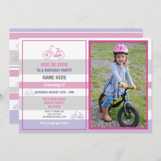 Bike Birthday Bicycle Ride Party Pink Girls Photo Einladung (Vorne/Hinten)