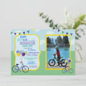 Bike Birthday Fahrradfahren Party Blue Boys Foto Einladung (Stehend Vorderseite)