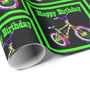 Bike mit Neon-Grün Farben - Happy Birthday Geschenkpapier