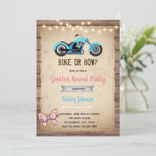 Bike- oder Bogen-Geschlecht offenbaren Einladung (Stehend Vorderseite)