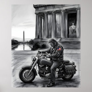 Biker at Lincoln Memorial Washington Monument  Poster