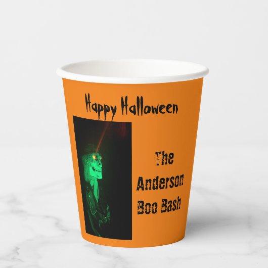 Biker Billy Halloween Skeleton Pumpkin Orange Pappbecher (Vorderseite)