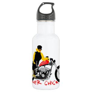BIKER CHICK sitzt auf ihrem Motorrad Trinkflasche