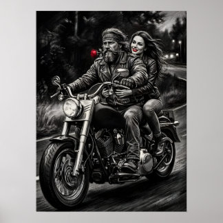 Biker Couple Motorcycle Night Ride Romance  Poster