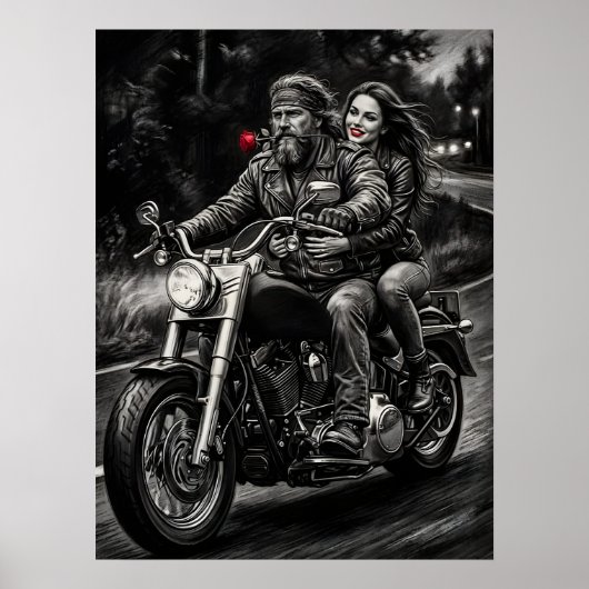 Biker Couple Motorcycle Night Ride Romance Poster (Vorne)
