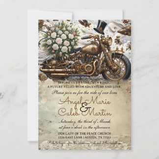Biker Motorcycle Wedding Gold White Einladung
