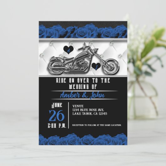 Biker Motorrad Leder Blaue Rose Hochzeit Einladung (Stehend Vorderseite)