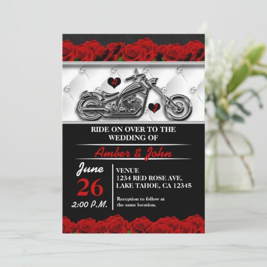 Biker Motorrad Leder Rose Hochzeit Einladungen (Stehend Vorderseite)