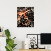 Biker Races Steam Train Desert Sunset Charcoal Art Poster (Heimbüro)