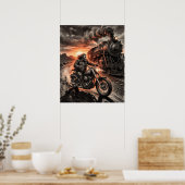 Biker Races Steam Train Desert Sunset Charcoal Art Poster (Küche)