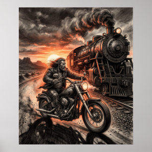 Biker-Rennen mit Dampflokomotive bei Sonnenunterga Poster