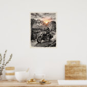 Biker Rides Past Mount Rushmore Presidents Sunset Poster (Küche)