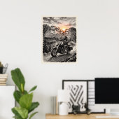 Biker Rides Past Mount Rushmore Presidents Sunset Poster (Heimbüro)