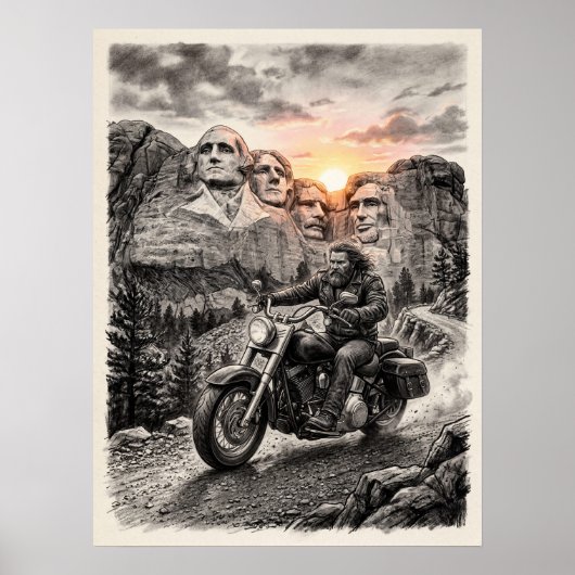 Biker Rides Past Mount Rushmore Presidents Sunset Poster (Vorne)