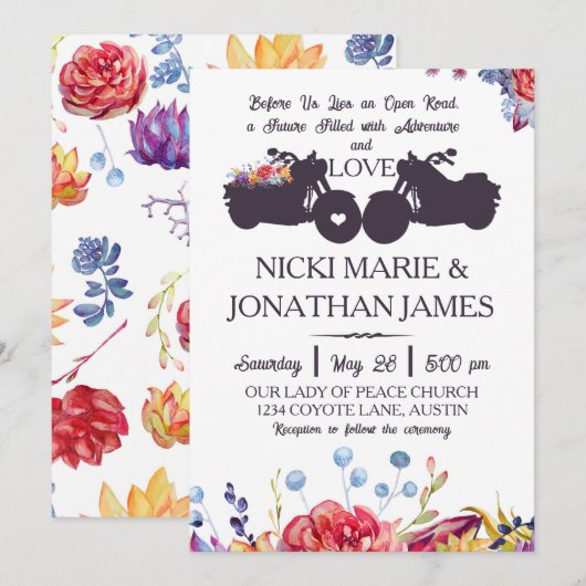 Biker Wedding Floral Wildblume Succules Einladung (Vorne/Hinten)