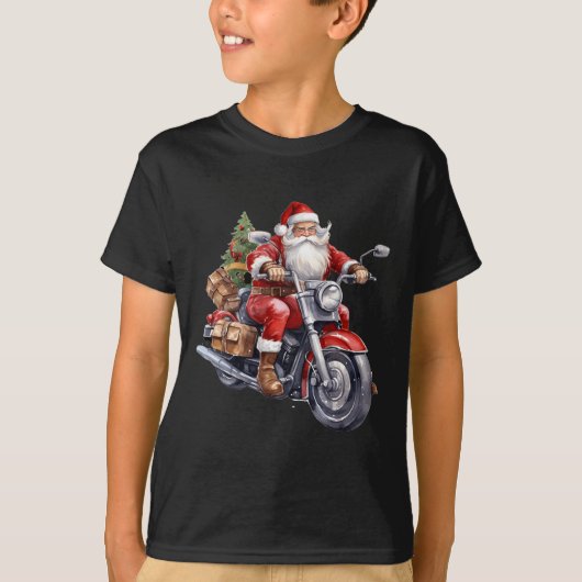 Biker Weihnachtsmann über Motorrad Spaß Weihnachts T-Shirt (Vorderseite)