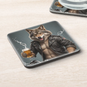 Biker Wolf und Bier Getränkeuntersetzer
