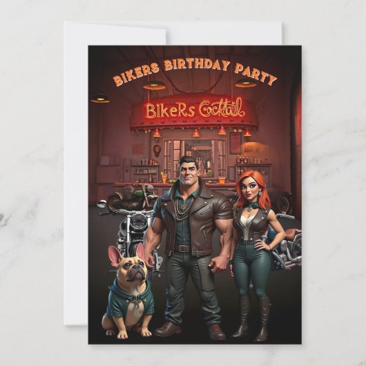 Bikers Bar Birthday Party Couple Muscle Bulldog Einladung (Vorderseite)