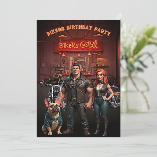Bikers Bar Birthday Party Couple Muscle Bulldog Einladung (Stehend Vorderseite)