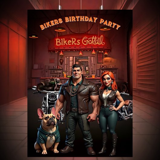 Bikers Bar Birthday Party Couple Muscle Bulldog  Einladung