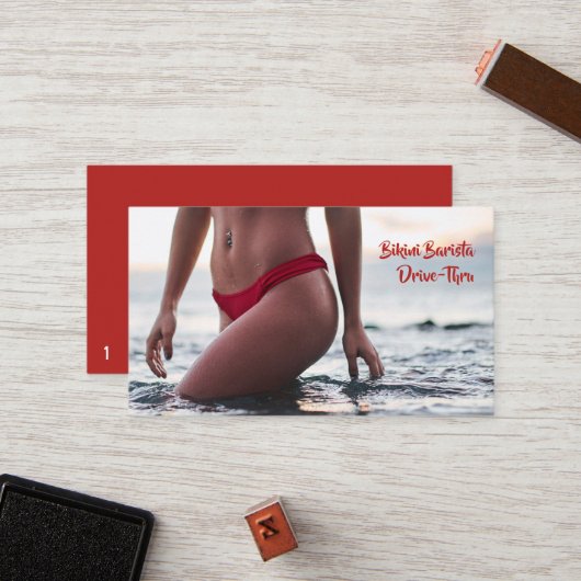 Bikini Belly Barista Kaffee Horizontal Drive-Thru Treuekarte (Vorderseite/Rückseite Beispiel)