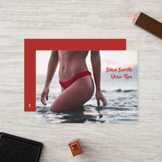 Bikini Belly Barista Kaffee Horizontal Drive-Thru Treuekarte (Vorderseite/Rückseite Beispiel)