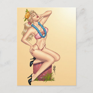 Bikini Blond Button-up Girl mit Blume von Al Rio Postkarte