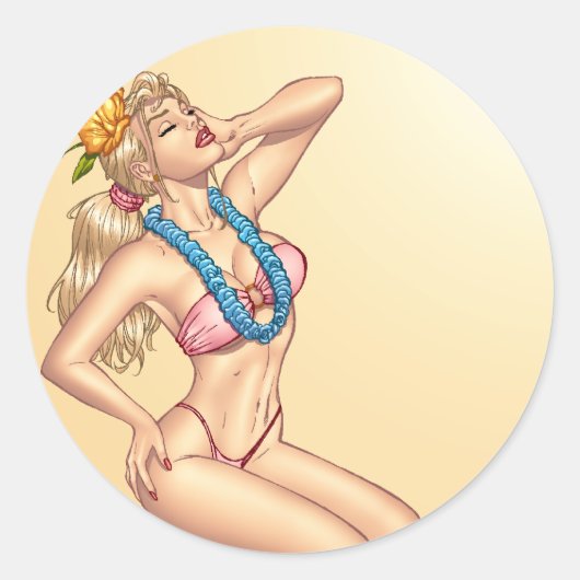 Bikini Blond Button-up Girl mit Blume von Al Rio Runder Aufkleber (Vorderseite)