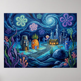 Bikini Bottom Sternennacht Unterwasserlandschaft Poster