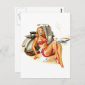 Bikini Girl mit Scooter Vintages Button hoch Postkarte (Vorne/Hinten)