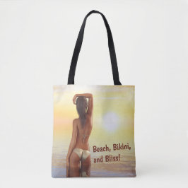 Bikini Girl Posing im Meer bei Sonnenuntergang Tasche