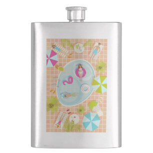 Bikini-Girls und Typ spielen Schwimmbadspiel Flachmann