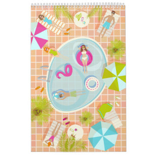 Bikini-Girls und Typ spielen Schwimmbadspiel Kalender