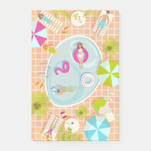 Bikini-Girls und Typ spielen Schwimmbadspiel Post-it Klebezettel