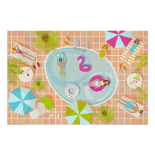 Bikini-Girls und Typ spielen Schwimmbadspiel Poster