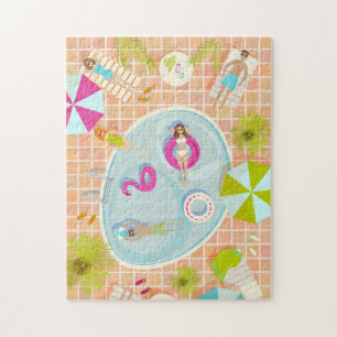 Bikini-Girls und Typ spielen Schwimmbadspiel Puzzle