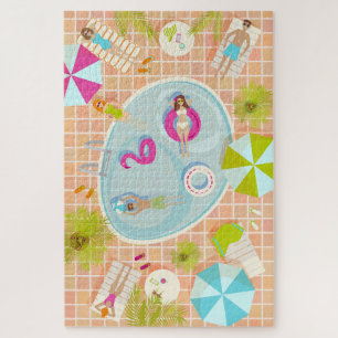 Bikini-Girls und Typ spielen Schwimmbadspiel Puzzle